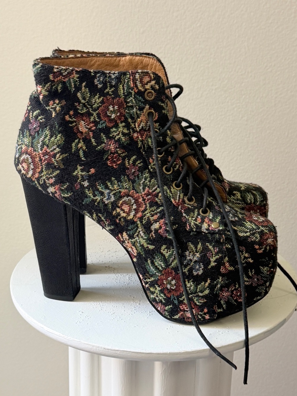 Jeffrey Campbell Black Floral Tapestry Lace-Up Platform Boots